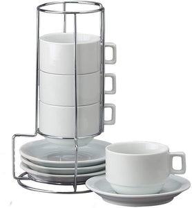 HIC 9-Piece Stackable Cappuccino Coffee Tea Set, Fine White Porcelain, Set Includes 4 (7-Ounce) Cups with Matching Saucers and Metal Stand, Gift Boxed