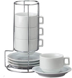 HIC 9-Piece Stackable Cappuccino Coffee Tea Set, Fine White Porcelain, Set Includes 4 (7-Ounce) Cups with Matching Saucers and Metal Stand, Gift Boxed