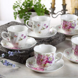 GY 12 PCS Tea Set - 7oz New Bone China tea Cups and Saucers with Pink Flower Pattern Porcelain Cups for Mocha Cappuccino Tea and coffee