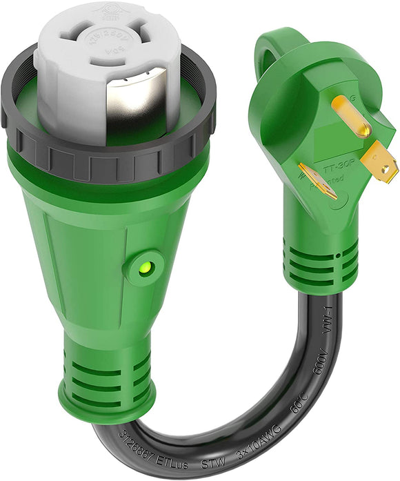 RVGUARD 30 Amp to 50 Amp RV Adapter Cord with Locking Connector 12 Inch, TT-30P Male to SS2-50R Female Dogbone, Electrical Converter with LED Power Indicator and Disconnect Handle, Green