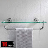 JQK Bathroom Glass Shelf, Shelf with 16 Inch Towel Bar Tempered Glass Shower Storage 16 by 5 inches, 304 Stainless Steel Brushed Finish Wall Mount, TGS100-BN