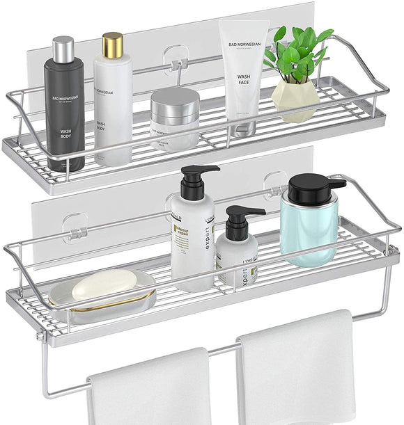 Orimade Adhesive Bathroom Shelf with Towel Bar Rail Rack Shower Caddy Kitchen Toilet Storage Organizer Rustproof Wall Mounted - No Drilling