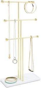 Umbra Trigem Hanging Jewelry Organizer Tiered Tabletop Countertop Free Standing Necklace Holder Display, 3, Brass/White