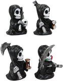 Ebros Time Waits for No Man Mini 4" Tall Chibi Grim Reapers with Scythe Holding Hourglass Skull Clock and Rose Stalk Figurines Set of 4 As Gothic Skeleton Caped Harbinger of Doom Statues