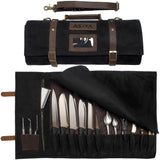 Asaya Waxed Canvas Knife Roll - 15 Knife Slots, Card Holder and Large Zippered Pocket - Genuine Leather, Cloth and Brass Buckles - for Chefs and Culinary Students - Knives Not Included