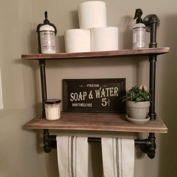 FODUE Industrial Pipe Shelf,Rustic Wall Shelf with Towel Bar,24