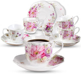 GY 12 PCS Tea Set - 7oz New Bone China tea Cups and Saucers with Pink Flower Pattern Porcelain Cups for Mocha Cappuccino Tea and coffee