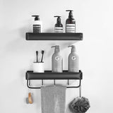 Delysia king Bathroom Shelves with Towel Bar and 5 Hooks,Metal Wall Mounted Storage Shelves Organizer for Bathroom, Kitchen, Set of 2 (Black)