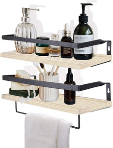 HANTAJANSS Floating Shelves Wall Mounted Set of 2, Decorative Wall Storage Shelf Organizer with Removable Towel Holder for Bedroom, Bathroom, Kitchen, Office（Natural）