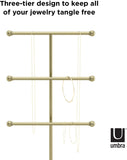 Umbra Trigem Hanging Jewelry Organizer Tiered Tabletop Countertop Free Standing Necklace Holder Display, 3, Brass/White