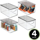 mDesign Plastic Stackable Kitchen Pantry Cabinet, Refrigerator, Freezer Food Storage Box with Handles, Lid - Organization for Fruit, Jars, Snacks, Pasta - 10" Long, 4 Pack - Clear/Smoke Gray