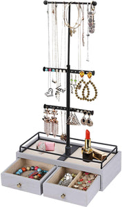 Keebofly Jewelry Organizer Metal & Wood Basic Storage Box - 3 Tier Jewelry Stand for Necklaces Bracelet Earrings Ring Carbonized Black