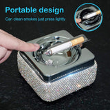 Ashtray,Stainless Steel Ashtray with Lid Bling Crystal Diamonds,Cigarette Ashtray for Indoor or Outdoor Use,Ash Holder for Smokers,Desktop Smoking Ash Tray for Home Office Decoration,Square - Silver