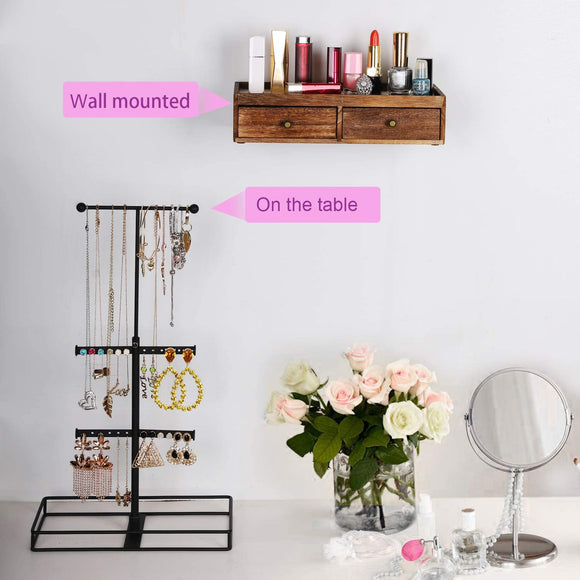 Keebofly Jewelry Organizer Metal & Wood Basic Storage Box - 3 Tier Jewelry Stand for Necklaces Bracelet Earrings Ring Carbonized Black