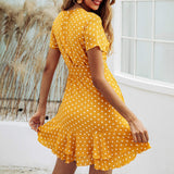 Womens Dresses V Neck Polka Dot Ruffles Mini Sexy Dress Short Sleeve Summer Dresses with Belt