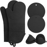 Rorecay Extra Long Oven Mitts and Pot Holders Sets: Heat Resistant Silicone Oven Mittens with Mini Oven Gloves and Hot Pads Potholders for Kitchen Baking Cooking, Quilted Liner, Gray, Pack of 6