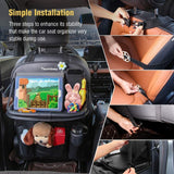 Tsumbay Car Backseat Organizer with Tablet Holder，9 Storage Pockets PU Leather Car Storage Organizer with Foldable Table Tray Car Seat Back Protectors Kick Mats Travel Accessories-Black 1Pcs