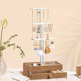 SONGMICS 2-in-1 Jewelry Display Stand Holder, Jewelry Rack Tree with 3 Metal Bars with Holes, Drawer and Removable Slots, for Necklaces, Bracelets, Earrings, Rings, Rustic Brown and White UJJS014W01