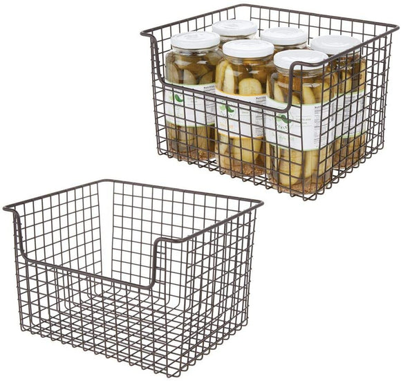 mDesign Metal Kitchen Pantry Food Storage Organizer Basket - Farmhouse Grid Design with Open Front for Cabinets, Cupboards, Shelves - Holds Potatoes, Onions, Fruit - 12