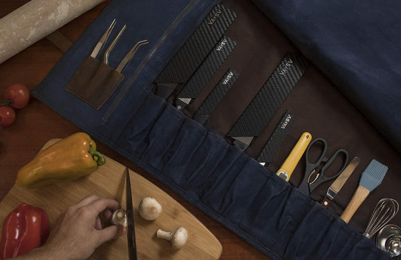 Asaya Waxed Canvas Knife Roll - 15 Knife Slots, Card Holder and Large Zippered Pocket - Genuine Leather, Cloth and Brass Buckles - for Chefs and Culinary Students - Knives Not Included