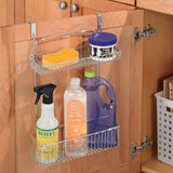 mDesign Metal Farmhouse Over Cabinet Kitchen Storage Organizer Holder or Basket - Hang Over Cabinet Doors in Kitchen/Pantry - Holds Dish Soap, Window Cleaner, Sponges - Chrome