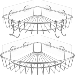 Corner Shower Caddy Shelf - Rust Proof Shelves with Bearing 30 lbs 8 Adhesive Suction Strip No Drilling 2 Hook by WJ ideal - Large Sturdy Rack 2 Pack SUS304 Stainless Steel for Bathroom Kitchen Toilet