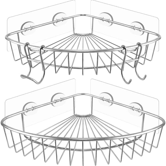 Corner Shower Caddy Shelf - Rust Proof Shelves with Bearing 30 lbs 8 Adhesive Suction Strip No Drilling 2 Hook by WJ ideal - Large Sturdy Rack 2 Pack SUS304 Stainless Steel for Bathroom Kitchen Toilet