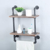 Industrial Bathroom Shelves Wall Mounted 2 Tiered,Rustic 19.68in Pipe Shelving Wood Shelf with Towel Bar,Farmhouse Towel Rack,Metal Floating Shelves Towel Holder,Iron Distressed Shelf Over Toile