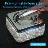 Ashtray,Stainless Steel Ashtray with Lid Bling Crystal Diamonds,Cigarette Ashtray for Indoor or Outdoor Use,Ash Holder for Smokers,Desktop Smoking Ash Tray for Home Office Decoration,Square - Silver