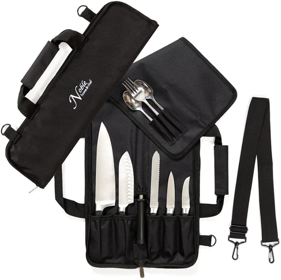 Chef Knife Roll Bag (6 slots) is Padded and Holds 5 Knives PLUS a Protected Pouch for Your Knife Steel! Our Durable Knife Carrier Includes Shoulder Strap, Handle, and Business Card Holder. (Bag Only)