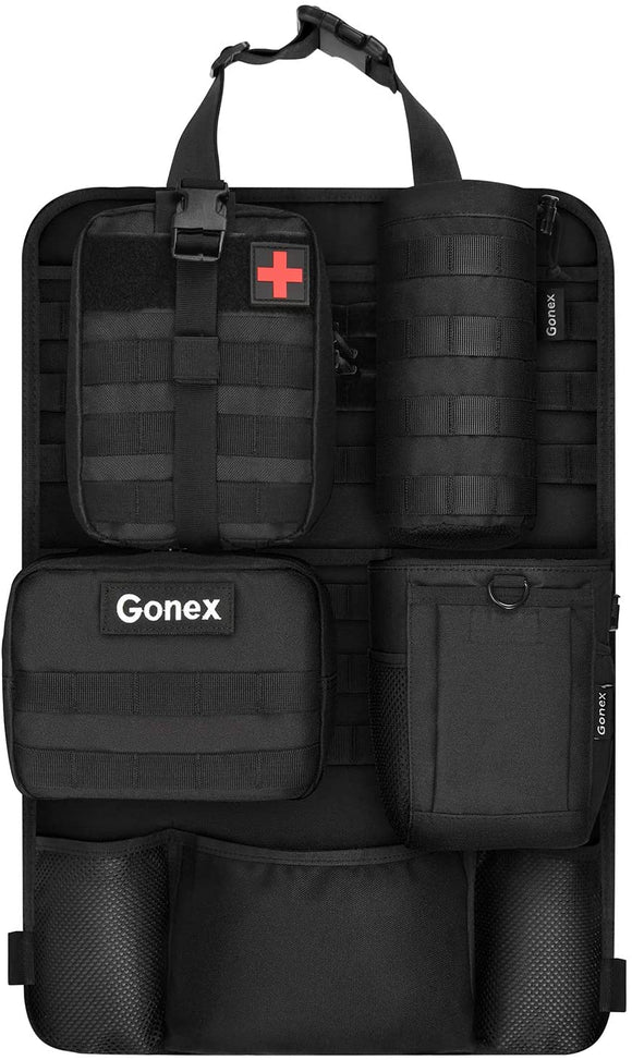 Gonex Car Seat Back Organizer with 4 Detachable Molle Pouch, Medical Pouch Admin Pouch Water Bottle Pouch Drawstring Bag, Upgrade Tactical Vehicle Panel Organizer Storage Bag with Multi-Pocket