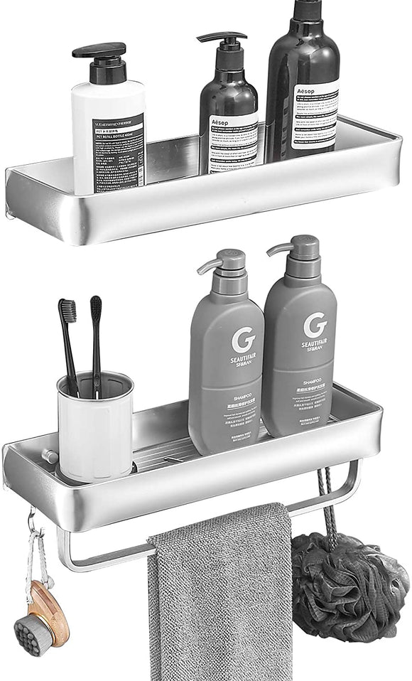 Delysia king Bathroom Shelves with Towel Bar and 5 Hooks,Metal Wall Mounted Storage Shelves Organizer for Bathroom, Kitchen, Set of 2 (Silver)