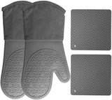 HOMWE Silicone Oven Mitts and Pot Holders, 4-Piece Set, Heavy Duty Cooking Gloves, Kitchen Counter Safe Trivet Mats, Advanced Heat Resistance, Non-Slip Textured Grip (Black)