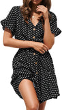 Womens Dresses V Neck Polka Dot Ruffles Mini Sexy Dress Short Sleeve Summer Dresses with Belt