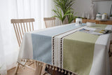 Uyis Green and Blue Cotton Linen Tablecloth, Fabric Stripe Table Cover Cloth with Stitching Tassel,Wrinkle Free Dust-Free Tabletop Decoration for Kitchen Dinning Party（Rectangle, 55x 86inch）