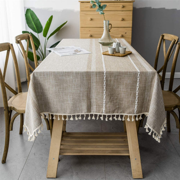 HPX HOME Solid Embroidery Striped Tassel Rectangle Heavy Weight Cotton Linen Dust-Proof Brown Tablecloths for Party Table Cover Kitchen Dinning Picnic Tabletop Decoration