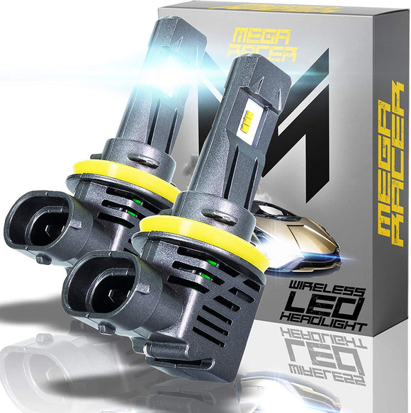 Mega Racer Wireless H11/H8/H9/H16 LED Headlight Bulbs - 50 Watt 6500K Daylight White 12000 LM ZES CSP Chip IP68 Waterproof Rating, 1 Pair