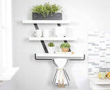 Del Hutson Designs Floating 24 Inch Wooden 3-Tier Industrial Shelf with Towel Bar, White