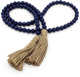 CVHOMEDECO. Wood Beads Garland with Tassels Farmhouse Rustic Wooden Prayer Bead String Wall Hanging Accent for Home Festival Decor. Navy Blue