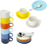 JULKYA STACKABLE MULTICOLORED ESPRESSO CUPS SET OF 6 – WITH SAUCERS AND SPOONS +BONUS STAND, LIGHTWEIGHT REUSABLE DRINKING MUGS FOR COFFEE, LATTE CAPPUCCINO, CAFÉ MOCHA OR TEA 4 OZ PORCELAIN DEMITASSE