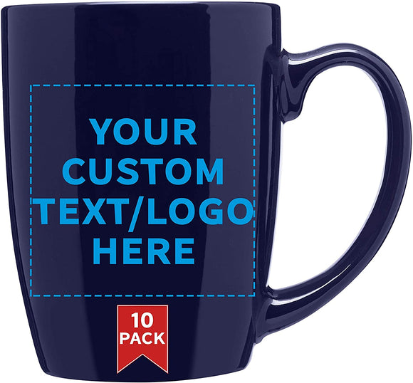 Coffee Mug - 10 pack - Customizable Text, Logo - 12 Oz. Curved Java Mugs - Ideal For Coffee Shops, Restaurants & Diners - Smooth Ceramic With Glossy Color Exterior Durable Stoneware - Cobalt Blue