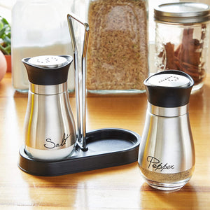 Salt and Pepper Shakers Set - High Grade Stainless Steel with Glass Bottom and 4' Stand - 4" x 6" x 2", 4 oz.