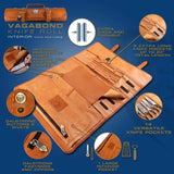 Dalstrong - Vagabond Knife Roll Full & Top Grain Brazilian Leather Roll Bag - 16 Slots - Interior and Rear Zippered Pockets - Blade Travel Storage/Case (California Brown) - Large - Up to 20" Knives