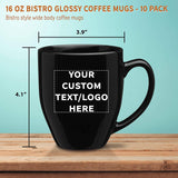 Large Mugs - 16 oz. - 10 pack - Customizable Text, Logo - Bistro Glossy Coffee Mug Set - Great Gift Cup for the Holiday - Black