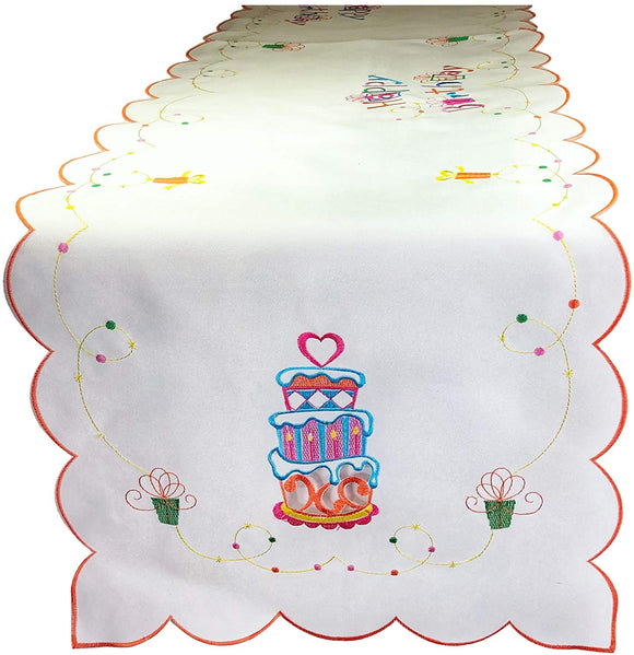 K & K TABLETOPS Happy Birthday Cut Work Table Runner Tablecloth Embroidered Party Decoration Decor (15