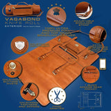 Dalstrong - Vagabond Knife Roll Full & Top Grain Brazilian Leather Roll Bag - 16 Slots - Interior and Rear Zippered Pockets - Blade Travel Storage/Case (California Brown) - Large - Up to 20" Knives