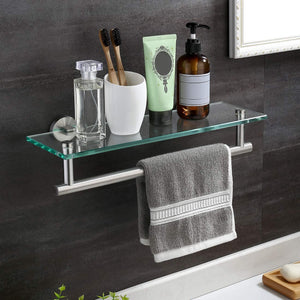 KES Glass Shelf 16" Tempered Glass Floating Shelf Wall Mount Glass Shelves for Bathroom Wall Shelf with Towel Bar SUS304 Stainless Steel Glass Shower Shelf Brushed Steel, A2022-2