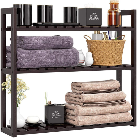 HOMFA Bamboo Bathroom Shelf 3-Tier Multifunctional Adjustable Layer Rack Wall Mounted Utility Storage Organizer Towel Shelves Kitchen Living Room Holder Dark Brown