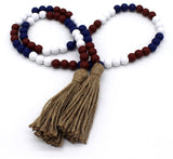 CVHOMEDECO. Wood Beads Garland with Tassels Farmhouse Rustic Wooden Prayer Bead String Wall Hanging Accent for Home Festival Decor. Navy Blue