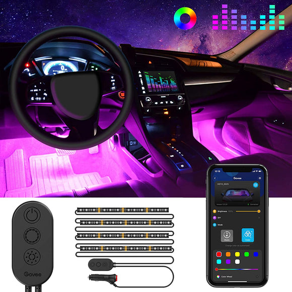 Unifilar Car LED Strip Light, 4pcs 48 LED APP Controller Car Interior Lights, Waterproof Multicolor Music Under Dash Lighting Kits for iPhone Android Smart Phone, Car Charger Included, DC 12V